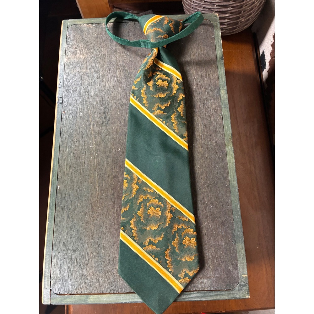 Zipper-Tie Necktie Mens OS Green Excellent Floral Stripe Brocade Adjustable